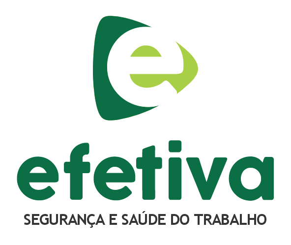 Logo da empresa efetiva com letra e central sobre um desenho de uma forma geométrica triangular com borda e arestas arredondadas em verde escuro e um verde clarinho