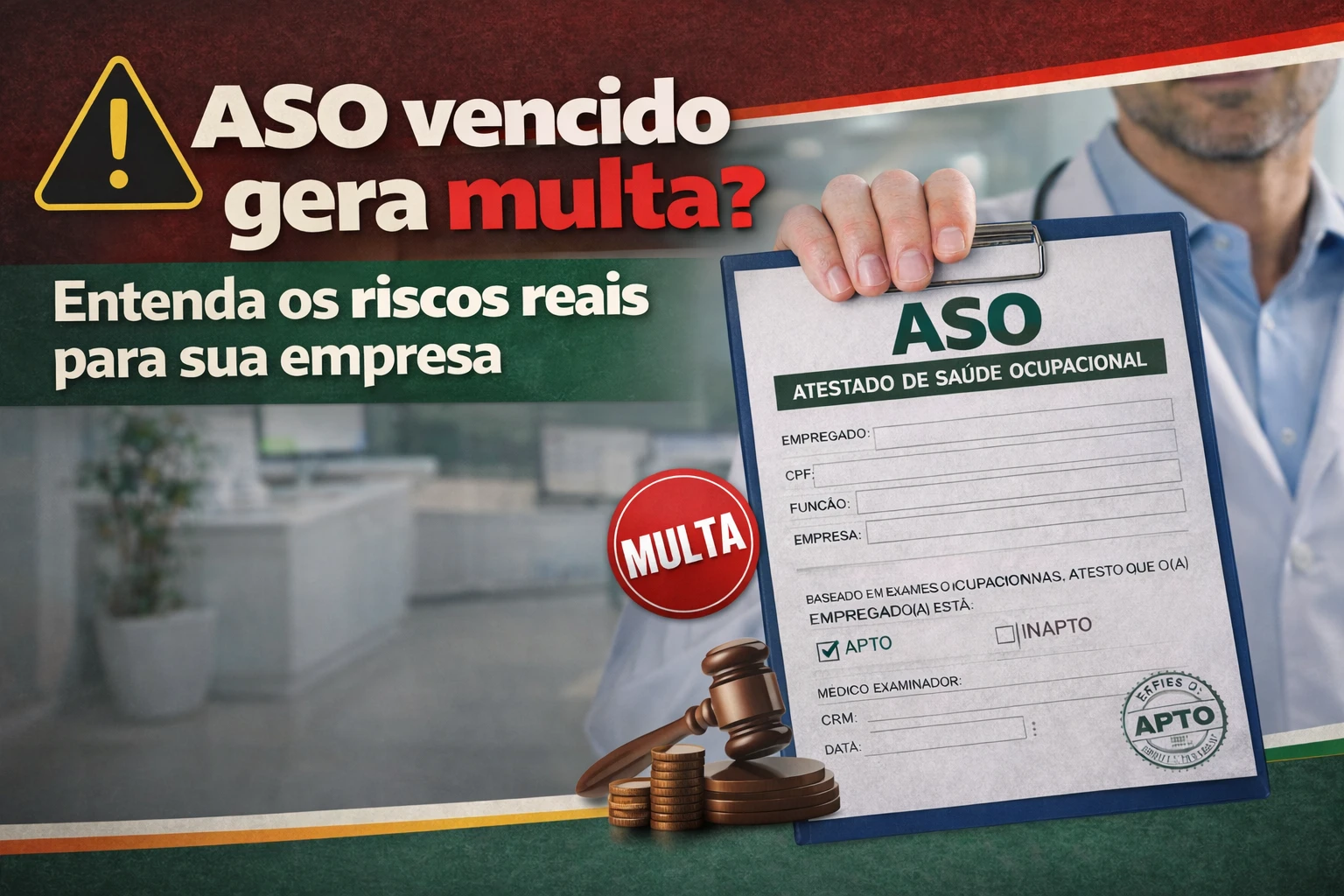 ASO vencido gera multa? Médico segurando atestado de saúde ocupacional com alerta sobre riscos trabalhistas para empresas