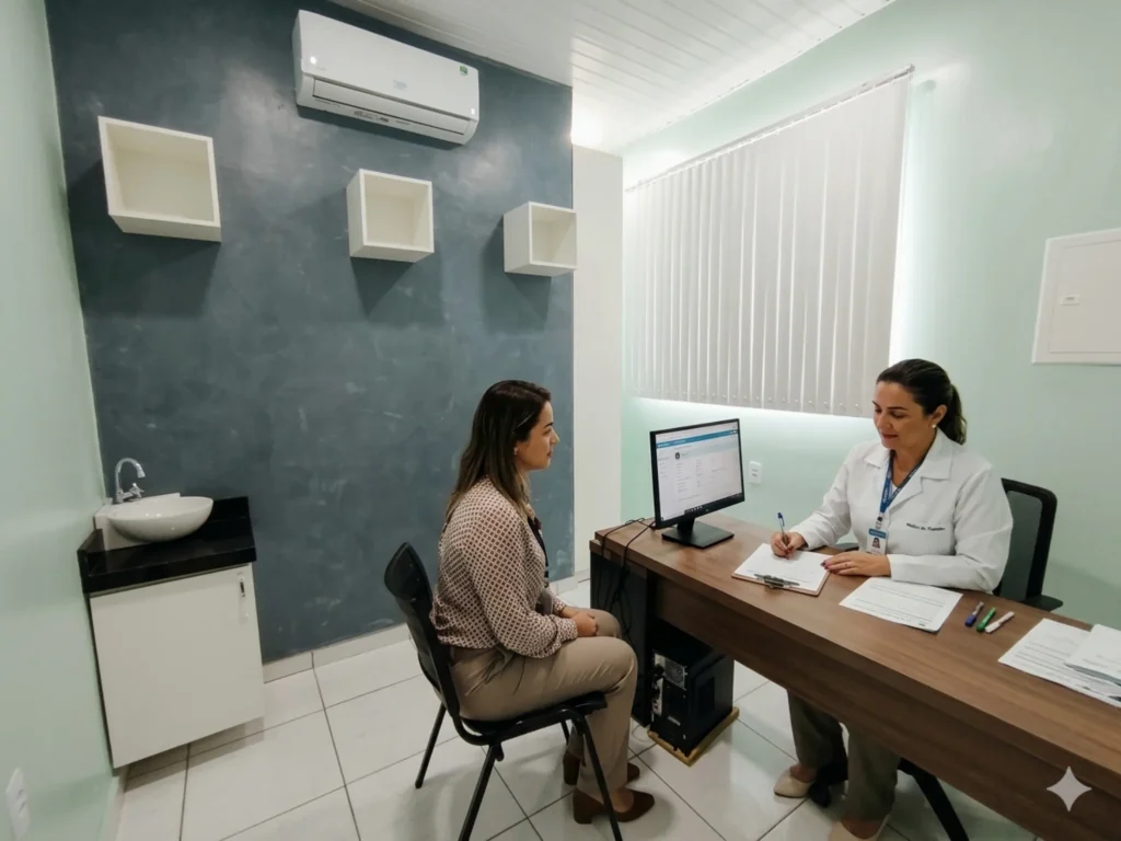 Médica do trabalho realizando atendimento clínico ocupacional na Efetiva Saúde