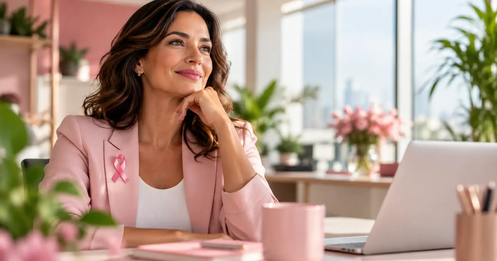 Outubro Rosa 2026: profissional com laço rosa em campanha de conscientização sobre o câncer de mama no ambiente de trabalho