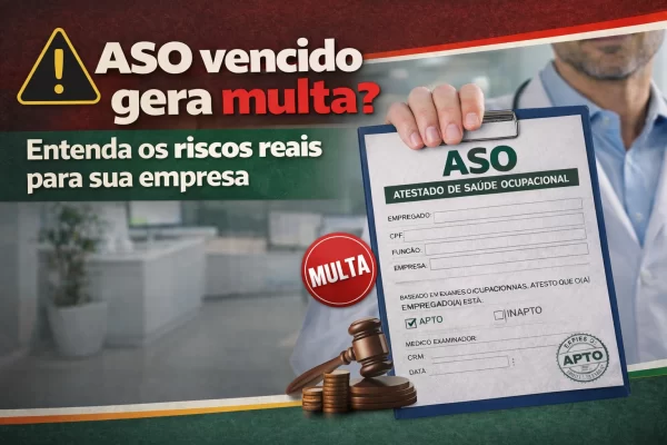 ASO vencido gera multa? Médico segurando atestado de saúde ocupacional com alerta sobre riscos trabalhistas para empresas