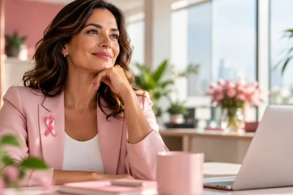 Outubro Rosa 2026: profissional com laço rosa em campanha de conscientização sobre o câncer de mama no ambiente de trabalho
